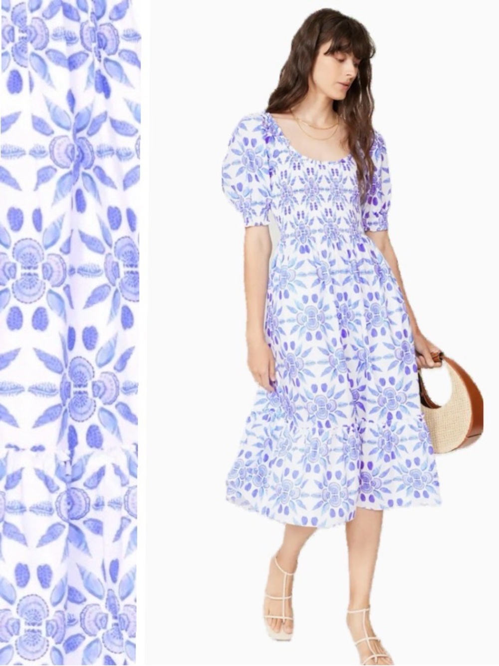 Hill House Home, Louisa Nap Dress XS Blue Shell Mosaic Cotton Midi, Size XS NWT
